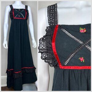 Vintage 1970s Black Cotton Maxi Dress, Young Edwardian by Arpeja Size XXS